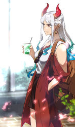 Rule 34 | 1girl, alternate costume, backpack, bag, bare shoulders, blue hair, casual, closed mouth, coat, contemporary, cup, curled horns, day, drink, earrings, eyewear hang, unworn eyewear, feet out of frame, from side, green hair, grey hair, hand in pocket, hand up, highres, holding, holding cup, hoop earrings, horns, jewelry, long hair, looking up, miniskirt, multicolored hair, multicolored horns, off shoulder, one piece, oni, open clothes, open coat, orange eyes, orange horns, outdoors, pikouros4869, pocket, red horns, shirt, sidelocks, skirt, sleeveless, sleeveless shirt, smile, solo, standing, sunglasses, very long hair, yamato (one piece)