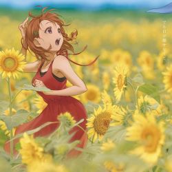 Rule 34 | 1girl, artist name, artist request, back ribbon, bare shoulders, blue sky, blurry, blurry background, blush, cloud, clover hair ornament, collarbone, commentary request, dress, female focus, flower, hair ornament, looking at viewer, love live!, love live! sunshine!!, orange hair, outdoors, red dress, red eyes, red skirt, short hair, skirt, sky, smile, solo, sunflower, takami chika, translated, translation request
