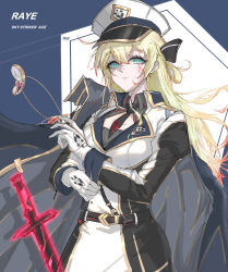 Rule 34 | 1girl, absurdres, adjusting clothes, adjusting gloves, aged up, aqua eyes, belt, blonde hair, breasts, character name, cleavage, colored tips, duel monster, floating, floating object, floating sword, floating weapon, gloves, hat, highres, holding, holding pocket watch, jacket, jacket on shoulders, long hair, long sleeves, medium breasts, multicolored hair, necktie, pocket watch, rinm0n, short necktie, sketch, sky striker ace - raye, sky striker ace - roze, solo, sword, watch, weapon, yu-gi-oh!