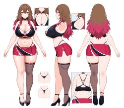 1girl absurdres bikini black_bikini breasts brown_hair fingernails green_eyes hair_ornament hairpin heart heart_print high_heels highres huge_breasts indie_virtual_youtuber jacket jewelry kanra_miwu looking_at_viewer miniskirt multicolored_hair multiple_views navel necklace pink_hair pink_jacket reference_sheet skirt smile suruga_(xsurugax) swimsuit two-tone_hair virtual_youtuber