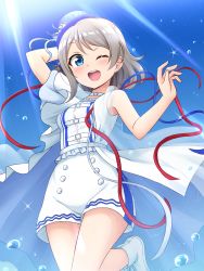 Rule 34 | 1girl, ;d, absurdres, arm up, bare arms, bare shoulders, blue ribbon, blue sky, collar, commentary request, day, grey hair, hand in own hair, hat, highres, looking at viewer, love live!, love live! sunshine!!, one eye closed, open mouth, outdoors, red ribbon, ribbon, shiraha maru, shoes, short hair, short shorts, shorts, sky, sleeveless, smile, solo, sunlight, tilted headwear, watanabe you, water drop, white collar, white footwear