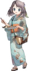 Rule 34 | 1girl, bad id, bad twitter id, bag, blue kimono, chopsticks, fish, fish (food), food, fruit, full body, geta, grey eyes, grey hair, hair ribbon, holding, holding chopsticks, hozuka (kadokawa), japanese clothes, kaiboukan no. 30 (kancolle), kantai collection, kimono, lemon, medium hair, official alternate costume, official art, ribbon, saury, smile, solo, transparent background, yukata