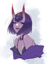 Rule 34 | 1girl, bob cut, breasts, cleavage, collarbone, eyeliner, fate/grand order, fate (series), headpiece, horns, japanese clothes, kimono, looking at viewer, makeup, off shoulder, open mouth, purple eyes, purple kimono, revealing clothes, short eyebrows, shuten douji (fate), skin-covered horns, small breasts, smile, solo, teeth, upper body, upper teeth only, white background, zanshi