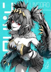 Rule 34 | 1girl, alternate breast size, black feathers, black skirt, black wings, blue background, blush, breasts, character name, claws, cleavage, collar, commission, ebiblue, feathers, grin, harpy, heart, highres, indie virtual youtuber, large breasts, lincoro, monster girl, navel, open mouth, pointy ears, red eyes, short hair, short twintails, skeb commission, skirt, smile, solo, spot color, stomach tattoo, tattoo, tiara, twintails, virtual youtuber, winged arms, wings