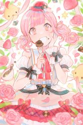 Rule 34 | 1girl, 43 pon, bird, chick, chocolate, commentary, food, food on face, fork, hand on own cheek, hand on own face, highres, himitsu no valentine daisakusen! (project sekai), medium hair, ootori emu, open mouth, pink eyes, pink hair, project sekai, smile, solo, symbol-only commentary, twintails
