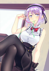 Rule 34 | 10s, 1girl, arm at side, arm support, black flower, black pantyhose, black ribbon, black skirt, blue eyes, bow, bowtie, breasts, crossed legs, dagashi kashi, dress shirt, dutch angle, eyebrows, eyelashes, flower, food, food in mouth, food request, frills, hair flower, hair ornament, hair ribbon, hairband, high-waist skirt, highres, holding, holding food, indoors, large breasts, looking at viewer, mouth hold, nail polish, pantyhose, purple eyes, purple hair, red bow, red bowtie, red nails, ribbon, ringed eyes, rosa tsubomi, shidare hotaru, shirt, short hair, sitting, skirt, sleeveless, solo, suspender skirt, suspenders, sweets, upskirt, white shirt, wrist cuffs