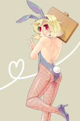 Rule 34 | 1girl, animal ears, ass, bad id, bad pixiv id, blonde hair, fake animal ears, fishnet pantyhose, fishnets, highres, holding, holding sign, looking back, original, pantyhose, placard, playboy bunny, rabbit ears, red eyes, short hair, sign, siori, solo, v