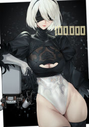 Rule 34 | 1girl, black blindfold, black gloves, black hairband, black thighhighs, blindfold, breasts, cleavage, cleavage cutout, clothing cutout, covered eyes, covered navel, duan henglong, feather-trimmed sleeves, gloves, hairband, highleg, highleg leotard, highres, juliet sleeves, large breasts, leotard, long sleeves, mole, mole under mouth, nier:automata, nier (series), pod (nier:automata), puffy sleeves, short hair, silver hair, thighhighs, thighs, white leotard, 2b (nier:automata)