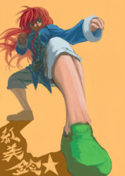 Rule 34 | 1girl, alternate costume, blue eyes, braid, breasts, character name, chinese clothes, fighting stance, focused, foreshortening, full body, green footwear, hong meiling, koyubi (littlefinger1988), large breasts, legs, long hair, long sleeves, no headwear, no headwear, orange background, pants, perspective, shoes, simple background, solo, star (symbol), touhou, twin braids, white pants, wind