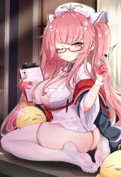 Rule 34 | 14c, 1girl, absurdres, ahoge, azur lane, bespectacled, blush, breasts, breasts apart, brown background, cameltoe, chair, clipboard, demon wings, dress, feet, full body, glasses, gloves, gradient background, half gloves, hat, highres, holding, holding pencil, knees up, lanyard, legs, long hair, mechanical pencil, medium breasts, no shoes, nurse, nurse cap, office chair, on chair, open mouth, panties, pencil, perseus (azur lane), perseus (unfamiliar duties) (azur lane), pink eyes, pink gloves, pink hair, pink panties, puffy sleeves, red-framed eyewear, red wings, semi-rimless eyewear, soles, solo, swivel chair, thighhighs, toes, twintails, under-rim eyewear, underwear, very long hair, wavy mouth, white background, white dress, white hat, white thighhighs, wings