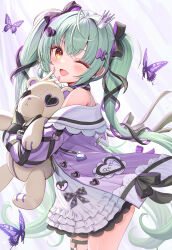 Rule 34 | 1girl, akabane (zebrasmise), bare shoulders, black bow, black collar, black ribbon, blush, bow, bug, butterfly, buttons, collar, commentary request, cowboy shot, crown, dress, fang, frilled dress, frills, green hair, hair ornament, hair ribbon, heart, heart button, heart hair ornament, highres, holding, holding stuffed toy, insect, jacket, long hair, long sleeves, mahoroba, mini crown, nemori petty, o-ring, o-ring thigh strap, one eye closed, open clothes, open jacket, purple butterfly, purple jacket, purple nails, ribbon, skin fang, solo, stuffed animal, stuffed toy, teddy bear, thigh strap, twintails, very long hair, virtual youtuber, white dress, x hair ornament, yellow eyes