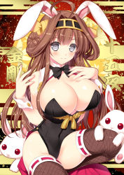 Rule 34 | 10s, 1girl, albino, animal, animal ears, blush, bow, bowtie, breasts, brown hair, cleavage, detached collar, detached sleeves, fake animal ears, female focus, fishnet thighhighs, fishnets, grey eyes, huge breasts, kantai collection, kongou (kancolle), large breasts, leotard, long hair, playboy bunny, rabbit, rabbit ears, red eyes, ribbon-trimmed legwear, ribbon trim, sitting, smile, solo, tamiya akito, thighhighs, wrist cuffs