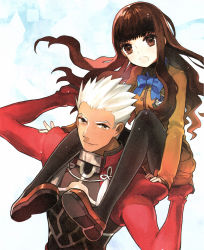 Rule 34 | 1boy, 1girl, archer (fate), brown eyes, brown hair, dark skin, dark-skinned male, fate/extra, fate (series), highres, kishinami hakuno (female), long hair, looking at viewer, official art, open mouth, pantyhose, scan, school uniform, shrug (clothing), sitting, sitting on person, smile, tsukumihara academy uniform (fate/extra ccc), wada arco, white hair