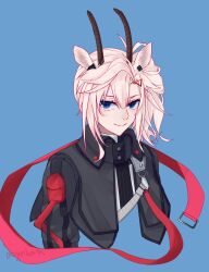 Rule 34 | 1girl, animal ears, arknights, black jacket, blue background, blue eyes, closed mouth, commentary request, cropped torso, earthspirit (arknights), hair between eyes, haiteng, horns, jacket, looking at viewer, simple background, smile, solo, upper body, white hair