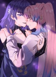 Rule 34 | 2girls, artist name, blush, breasts, cleavage, closed eyes, commentary, fingernails, flower, genshin impact, gloves, glowy (gloww), hair flower, hair ornament, hand on another&#039;s back, hands on another&#039;s shoulders, heart, highres, long hair, looking at viewer, multicolored hair, multiple girls, parted lips, partially fingerless gloves, pink hair, ponytail, purple background, purple eyes, purple flower, purple hair, purple robe, raiden shogun, robe, sangonomiya kokomi, sharp fingernails, smile, streaked hair, upper body, white robe, yuri