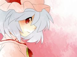 Rule 34 | 1girl, bad id, bad pixiv id, brooch, female focus, hammer (sunset beach), hat, jewelry, red eyes, remilia scarlet, short hair, smile, solo, touhou, upper body