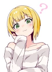 Rule 34 | 1girl, :3, ?, arm support, bare shoulders, blonde hair, blush, closed mouth, green eyes, head rest, head tilt, idolmaster, idolmaster cinderella girls, long sleeves, looking at viewer, miyamoto frederica, off-shoulder shirt, off shoulder, shirt, simple background, sleeves past wrists, solo, striped clothes, striped shirt, tadanoshi kabane, white background