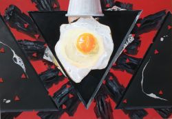 Rule 34 | broken egg, bubble, charcoal, egg, egg (food), eggshell, foil, food, fried egg, highres, no humans, original, osumared, red background, simple background, still life, triangle