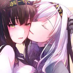Rule 34 | 2girls, black hair, blush, closed eyes, commentary request, gloves, hair between eyes, hatsuzuki (kancolle), kantai collection, multiple girls, nuzzle, open mouth, pin.s, suzutsuki (kancolle), teeth, tongue, upper body, white hair, yuri