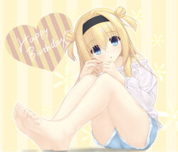 Rule 34 | 1girl, absurdres, bare shoulders, barefoot, black hairband, blonde hair, blue eyes, blue shorts, casual, chitose sana, commentary, denim, denim shorts, double-parted bangs, double bun, expressionless, eyes visible through hair, feet, fingernails, floral background, foreshortening, full body, hair between eyes, hair bun, hair intakes, hairband, hands up, happy birthday, heart, highres, hirocchi, knees up, leaning forward, legs, legs together, light blush, long hair, long sleeves, looking at viewer, own hands together, parted lips, shirt, shorts, sidelocks, simple background, sitting, soles, solo, tenshinranman, thighs, toenails, toes, two side up, white shirt, yellow background