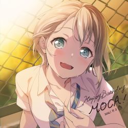 Rule 34 | 1girl, :d, absurdres, aoba moca, asymmetrical bangs, bang dream!, blue eyes, blue necktie, blush, breasts, chain-link fence, character name, cleavage, collarbone, collared shirt, dated, english text, fence, from above, grey hair, hair behind ear, happy birthday, head tilt, highres, hot, looking at viewer, loose necktie, medium breasts, necktie, nobusawa osamu, official art, open collar, open mouth, partially unbuttoned, shadow, shirt, short hair, short sleeves, smile, solo, striped necktie, striped neckwear, sweat, unbuttoning, upper body, white shirt, wing collar