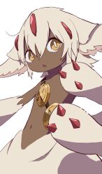 Rule 34 | 1girl, :o, ahoge, animal ear fluff, animal ears, bra, child, claws, dark-skinned female, dark skin, extra arms, faputa, flat chest, furry, furry female, hair between eyes, highres, looking at viewer, made in abyss, monster girl, multiple tails, navel, no nipples, nude, open mouth, red claws, solo, standing, tail, topless, underwear, upper body, white background, white fur, white hair, yellow eyes, zinckag