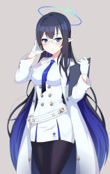 Rule 34 | 1girl, absurdres, bad id, bad twitter id, belt, black hair, black pantyhose, blue archive, blue eyes, breasts, glasses, gloves, halo, highres, jacket, large breasts, long hair, looking at viewer, necktie, pantyhose, pointy ears, rin (blue archive), simple background, solo, very long hair