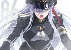 Rule 34 | 1girl, 86 -eightysix-, copyright name, cropped jacket, grey eyes, hair between eyes, hat, high collar, long hair, long sleeves, looking at viewer, military, military hat, military uniform, multicolored hair, open mouth, peaked cap, shirabi, silver hair, streaked hair, uniform, vladilena millize