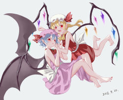 Rule 34 | 2girls, :d, adapted costume, ascot, bad id, bad pixiv id, bare arms, bare shoulders, barefoot, bat wings, blonde hair, blue hair, commentary request, crystal, dated, dress, fangs, flandre scarlet, full body, grey background, hair between eyes, hands up, hat, hat ribbon, holding hands, interlocked fingers, kosaka ushinai, long hair, mob cap, multiple girls, nail polish, open mouth, parted lips, pink dress, pink hat, pointy ears, red ascot, red dress, red eyes, red nails, red ribbon, remilia scarlet, ribbon, sash, siblings, side ponytail, simple background, sisters, sleeveless, sleeveless dress, smile, thighs, toenail polish, toenails, touhou, white hat, white sash, wings, yellow ascot