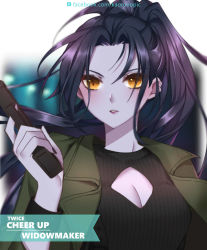 Rule 34 | 1girl, black sweater, blurry, blurry background, blush, breasts, casual, character name, cleavage, cleavage cutout, clothing cutout, colored skin, english text, forehead, green jacket, gun, handgun, highres, holding, holding gun, holding weapon, jacket, kaoruru (sakuno2911), lips, long hair, medium breasts, open clothes, open jacket, overwatch, overwatch 1, parted bangs, parted lips, pistol, ponytail, purple hair, purple skin, solo, sweater, tsurime, upper body, watermark, weapon, web address, widowmaker (overwatch), wristband, yellow eyes