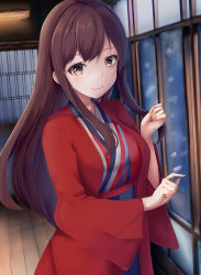 Rule 34 | 1girl, akagi (kancolle), brown eyes, brown hair, haori, japanese clothes, kantai collection, kimono, long hair, looking at viewer, nail polish, pointing, red nails, remimiku, smile, snowing, solo, standing, wide sleeves, window, wooden floor