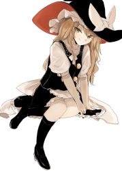 Rule 34 | 1girl, apron, black footwear, black hat, black skirt, black socks, black vest, blonde hair, bow, braid, buttons, closed mouth, double-breasted, green eyes, hat, hat bow, invisible chair, kirisame marisa, long hair, looking at viewer, necro (nekurodayo), puffy short sleeves, puffy sleeves, shirt, shoes, short sleeves, side braid, simple background, sitting, skirt, smile, socks, solo, touhou, vest, white apron, white background, white bow, white shirt, witch hat