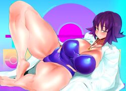 Rule 34 | 1girl, bare legs, barefoot, blue background, blush, breasts, cashumeru, cleavage, closed mouth, collarbone, creatures (company), feet, game freak, half-closed eyes, hands in pockets, highleg, highleg swimsuit, jewelry, lab coat, large breasts, long sleeves, looking at viewer, lying, matching hair/eyes, naughty face, necklace, nintendo, on side, one-piece swimsuit, philena ivy, pokemon, pokemon (anime), pokemon (classic anime), pokemon (creature), purple background, purple eyes, purple hair, shiny skin, short hair, smile, soles, solo, spread legs, swimsuit, thick thighs, thighs, toes, wide hips