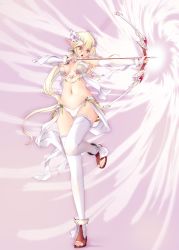 Rule 34 | 1girl, aiming, armor, armpits, bare shoulders, bikini armor, blonde hair, bow (weapon), bracelet, breasts, breasts apart, commentary request, earrings, elbow gloves, elf, energy, flower, full body, gloves, groin, hair between eyes, hair flower, hair ornament, headgear, holding, holding bow (weapon), holding own arm, holding weapon, jewelry, kirishima satoshi, long hair, looking to the side, low twintails, medium breasts, midriff, navel, open mouth, original, partially fingerless gloves, pink background, pointy ears, sidelocks, solo, standing, standing on one leg, stirrup legwear, thighhighs, toeless footwear, toeless legwear, twintails, weapon, white armor, white gloves, white thighhighs