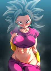 Rule 34 | 1girl, black eyes, black hair, blush, breasts, closed mouth, covered erect nipples, crop top, dragon ball, dragon ball super, earrings, in heat, jewelry, kefla (dragon ball), large breasts, looking at viewer, midriff, navel, no panties, potara earrings, rom (20), smile, solo, spiked hair, steaming body, sweat, undressing