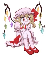 Rule 34 | 1girl, blonde hair, bloomers, closed mouth, collared shirt, commentary, dress, english commentary, fang, flandre scarlet, flandrepudding, frown, hat, hat ribbon, highres, mary janes, mob cap, one side up, pinafore dress, pointy ears, red dress, red eyes, red ribbon, ribbon, shirt, shoes, simple background, sitting, sketch, sleeveless, sleeveless dress, socks, solo, touhou, underwear, white background, white bloomers, white hat, white shirt, white socks, wings