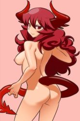 Rule 34 | 1girl, ass, back, breasts, demon girl, demon tail, eyelashes, from behind, highres, holding, holding own tail, holding with tail, horns, long hair, maou beluzel, matsuda yuusuke, medium breasts, nipples, nude, original, prehensile tail, red eyes, red hair, smile, solo, tail, thighs, yuusha to maou