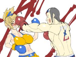 Rule 34 | 1boy, 1girl, artist request, bare arms, bare shoulders, blue gloves, box, boxing, boxing gloves, breasts, bruise, cleavage, clenched teeth, gloves, high ponytail, injury, midriff, punching, red gloves, russia, simple background, sweat, teeth, ukraine, upper body, white background