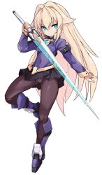 Rule 34 | 1girl, black pantyhose, blonde hair, character request, copyright request, covered navel, full body, green eyes, hair intakes, high collar, highres, holding, holding sword, holding weapon, karukan (monjya), long hair, long sleeves, pantyhose, skirt, solo focus, sword, very long hair, weapon, white background