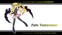 Rule 34 | 10s, bad id, bad pixiv id, belt, black thighhighs, blonde hair, blush, boots, cape, english text, engrish text, excellion, fate testarossa, fate testarossa (movie 1st form), highres, leotard, long hair, lyrical nanoha, mahou shoujo lyrical nanoha, mahou shoujo lyrical nanoha the movie 1st, miniskirt, print thighhighs, ranguage, red eyes, skirt, sleeveless, solo, thighhighs, twintails