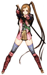 Rule 34 | 1girl, armor, brown eyes, brown hair, closed mouth, full body, japanese clothes, long hair, looking at viewer, onimusha, onimusha: dawn of dreams, sakamoto mineji, side ponytail, simple background, skirt, smile, solo, thighhighs, weapon, white background, yagyuu juubei (dawn of dreams)
