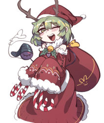 Rule 34 | 1girl, ;d, alternate costume, antlers, bare shoulders, bell, candy, candy cane, christmas, detached sleeves, dress, food, fur-trimmed dress, fur-trimmed sleeves, fur collar, fur trim, furrowed brow, green eyes, green hair, hair between eyes, hat, heart, heart of string, highres, horns, jingle bell, komeiji koishi, leaf, nyong nyong, one eye closed, open mouth, red dress, red hat, red sleeves, santa hat, sharp teeth, short hair, simple background, sleeves past fingers, sleeves past wrists, smile, solo, teeth, third eye, touhou, white background, wide sleeves