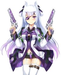 Rule 34 | 1girl, ange vierge, bandages, belt, black shorts, blunt bangs, blush, breasts, brown eyes, closed mouth, coat, cowboy shot, diffraction spikes, dual wielding, eyepatch, futo momo (dskn), gun, holding, holding gun, holding weapon, leg belt, light blush, long hair, long sleeves, looking at viewer, medium breasts, short shorts, shorts, simple background, smile, solo, thighhighs, thighs, tonee, very long hair, weapon, white background, white hair, white thighhighs