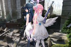 Rule 34 | 2girls, absurdres, angel wings, assault rifle, back-to-back, black hair, black headwear, blue archive, blue halo, breasts, cirilla lin, closed eyes, commentary, dress, gun, hair bun, halo, highres, holding, holding gun, holding weapon, lanchester smg, large breasts, long hair, low wings, mika (blue archive), multiple girls, outdoors, pantyhose, pink hair, pink halo, rifle, ruins, saori (blue archive), sig 516, single hair bun, single side bun, sleeveless, sleeveless dress, standing, submachine gun, weapon, white dress, white pantyhose, white wings, wings