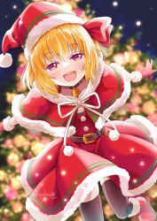 Rule 34 | 1girl, artist name, black thighhighs, blonde hair, blurry, capelet, christmas, christmas tree, depth of field, dress, hat, looking at viewer, night, night sky, red capelet, red dress, red hat, rumia, sakuyabm, santa costume, santa hat, sky, smile, solo, thighhighs, touhou