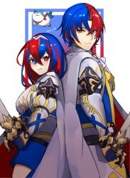 Rule 34 | 1boy, 1girl, alear (female) (fire emblem), alear (fire emblem), alear (male) (fire emblem), back-to-back, blue eyes, blue gloves, blue skirt, breasts, cape, closed mouth, crossed bangs, dual persona, fire emblem, fire emblem engage, gloves, hair between eyes, hair intakes, heterochromia, highres, holding, holding sword, holding weapon, large breasts, left-handed, liberation (fire emblem), long hair, long sleeves, miniskirt, multicolored hair, nintendo, red cape, red eyes, seinikuten, shirt, short hair, skirt, smile, sommie (fire emblem), split-color hair, standing, streaked hair, sword, tiara, twitter username, two-tone cape, weapon, white cape, white shirt