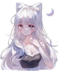 Rule 34 | 1girl, animal ear fluff, animal ears, bare arms, bare shoulders, blouse, bracelet, breasts, cleavage, collarbone, grey eyes, grey hair, hair intakes, highres, jewelry, long hair, long sleeves, looking at viewer, medium breasts, original, parted lips, ring, shirt, simple background, single sleeve, solo, tandohark, upper body, white background, white shirt
