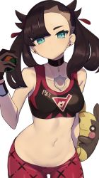 Rule 34 | 1girl, absurdres, asymmetrical bangs, black choker, black gloves, black hair, breasts, choker, closed mouth, cowboy shot, creatures (company), duplicate, dusk ball, dynamax band, ear piercing, game freak, gen 8 pokemon, gloves, gluteal fold, green eyes, groin, hair ribbon, hand up, highres, holding, holding poke ball, marnie (pokemon), midriff, morpeko, morpeko (full), navel, nintendo, nuneno, official alternate costume, pants, pendant choker, piercing, poke ball, pokemon, pokemon (creature), pokemon swsh, red ribbon, ribbon, small breasts, solo, sports bra, tight clothes, tight pants, twintails, two side up