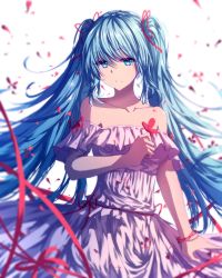 Rule 34 | 1girl, blue eyes, blue hair, breasts, collarbone, commentary request, dress, floating hair, hair between eyes, hair ribbon, hatsune miku, highres, isumi (yangyan), long hair, medium breasts, pink dress, red ribbon, ribbon, shiny skin, simple background, solo, standing, strapless, strapless dress, twintails, very long hair, vocaloid, white background, white dress, wrist ribbon