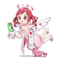 Rule 34 | 1girl, angel wings, armband, blush stickers, bottle, coat, collarbone, commentary request, dress, flat chest, floating, flower, gochuumon wa usagi desu ka?, halo, highres, holding, holding bottle, looking at viewer, mohei, natsu megumi, no shoes, open mouth, oversized clothes, pink coat, pink dress, pink halo, poison, red eyes, red hair, safety pin, shadow, short hair, sidelocks, simple background, single off shoulder, skull and crossbones, sleeves past wrists, socks, solo, stuffed animal, stuffed rabbit, stuffed toy, twintails, wavy hair, white armband, white background, white socks, wings